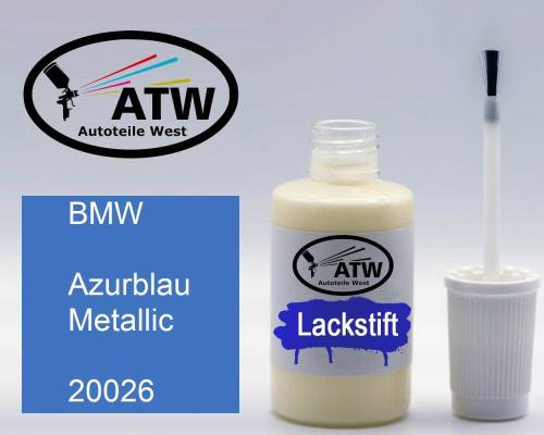 BMW, Azurblau Metallic, 20026: 20ml Lackstift, von ATW Autoteile West.